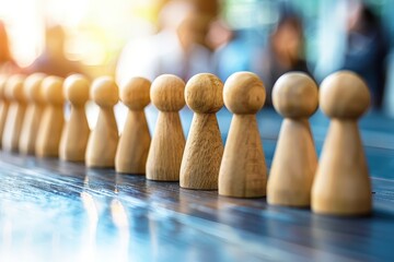 Wooden Figures in a Row:  A symbolic image representing unity, teamwork, and a shared journey.  Wooden figures stand in a line on a dark reflective surface.