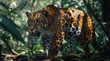 Wall Mural - leopard is walking through the jungle. scene is peaceful and serene, as the leopard moves through th