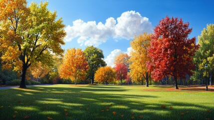 Vibrant Autumn Park with Colorful Maple Trees