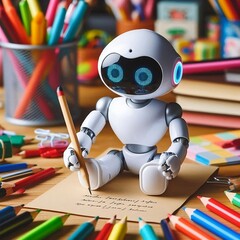 Mini ai robot writing on a piece of paper, surrounded by books and pencils