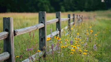 Wall Mural - A rustic wooden fence in a green meadow, surrounded by wildflowers and gently swaying grass, evoking a peaceful, countryside scene