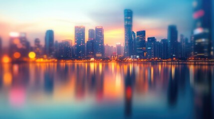 Canvas Print - A serene sunset view of blurred city skyscrapers reflected in water, capturing the essence of tranquility and modern urban life.