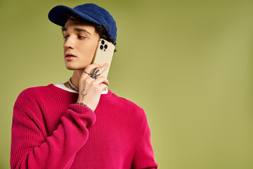 A handsome young man confidently poses with a smartphone, showcasing a trendy pink sweater and stylish accessories.