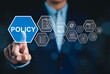 © Supatman - Policy management and compliance concept. A businessman points to 'Policy' with icons representing documents, compliance, and organizational policies. Corporate governance, document control processes,