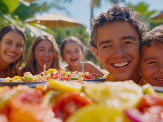 Family sharing meal outdoors at summer picnic