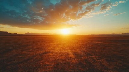 Wall Mural - A drone capturing footage of a sunset over the desert, with plenty of sky for copy space