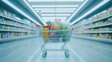 A shopping cart filled with groceries, isolated in the middle of an empty aisle with copy space.