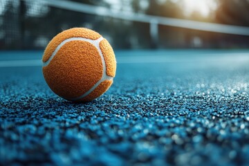 A close-up view of a tennis ball resting on a blue court during the evening light