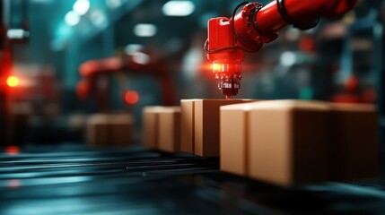 A bright red robotic arm precisely arranges cardboard boxes on an automated conveyor belt system, highlighting industrial automation in logistics centers.