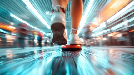 Focused on a pair of sneakers walking through a busy subway station, this image captures dynamic motion and urban energy with a futuristic blur effect.