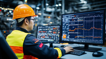 Industrial Control Room: A focused engineer in a hard hat and safety vest meticulously monitors critical data on multiple computer screens in an industrial control room.