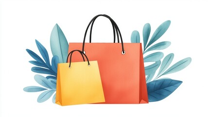 Two colorful shopping bags surrounded by green leaves on a white background.