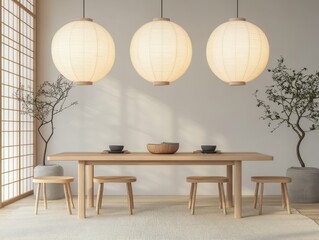 Japanese dining room with plain white walls, a simple wooden table, and paper lanterns