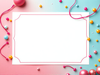 Vibrant pink and blue background with colorful decorative beads and an empty label frame for creative design projects