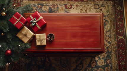Wall Mural - a background for chistmas advertising, a red wooden table, top view with christmas decoration