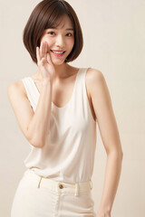 A woman with short hair and a white tank top is smiling and making a face