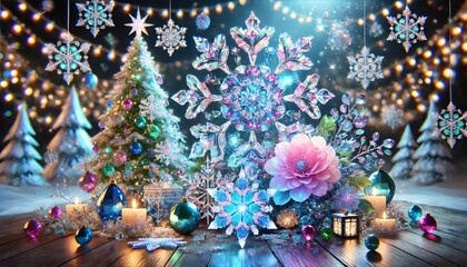 A dazzling display of Christmas decorations with glittering crystal snowflakes, ornaments, and glowing candles, creating a festive and elegant atmosphere..