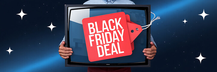 A man holding a TV with a red Black Friday Deal tag  blue and red  advertising holiday shopping deals   