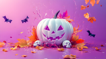 Canvas Print - halloween themed 3d illustration with a white pumpkin, colorful bats, and autumn leaves on a pastel 