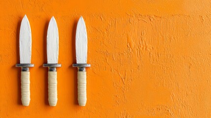 Three white knives with ivory handles in a row on an orange background.