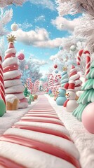 Wall Mural - Candy cane lanes and colorful snowmen in a fantastical Christmas wonderland, 3D illustration