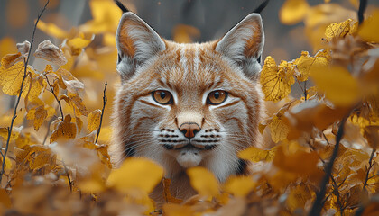 Sticker - Cute bobcat in autumn forest, looking at you generated by AI