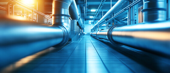 Close-up view of industrial pipes and machinery in a factory, showcasing modern engineering and technology.