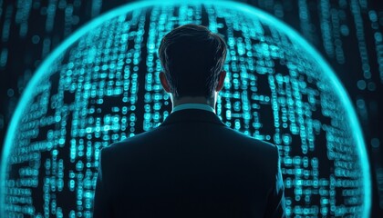 a ceo standing in front of a digital globe, data streams and analytics flowing around, mixed media, 