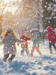 Group of children playing in the snow. One of the children is wearing a red jacket. The children are having fun and enjoying the snow