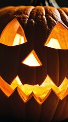 Wall Mural - vertical 9:16 jack-o'-lantern with candle inside. flickering light illuminating carved face. dark, s