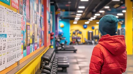 A person looking at a gym calendar marked with fitness milestones for the New Year, motivational posters on the walls, bright lighting, aura of determination and commitment, fresh