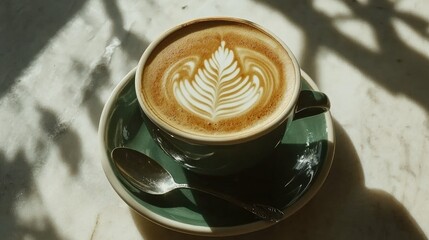 Canvas Print - Ceramic cup of latte espresso with beautiful leaf-shaped latte art, sitting on a saucer with a spoon, capturing a calm coffee moment