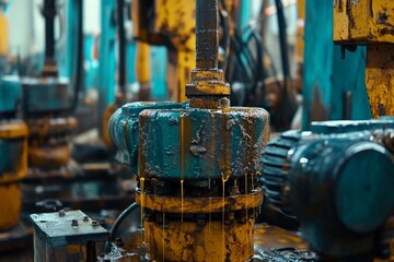 Rustic machinery detail showcasing oil dripping in an industrial workshop setting. Generative AI