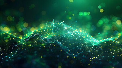 Abstract green and blue glowing lines and dots on a dark background.