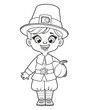 © Azuzl - Cute cartoon pilgrim boy hold a pumpkin outlined coloring page on a white background