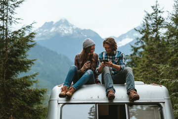 a couple is sitting on top of a camper van, looking at their phones