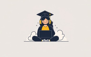  A flat vector design of a girl wearing headphones, sitting atop a shiny black graduation cap with yellow tassels. She is working on her laptop, surrounded by soft white clouds in a clean