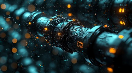 Conceptual ETL pipeline as interlocking tubes, representing data stages, dark background, glowing nodes