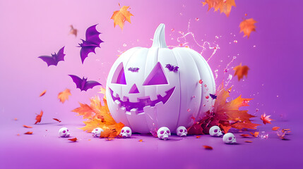 Canvas Print - halloween themed 3d illustration with a white pumpkin, colorful bats, and autumn leaves on a pastel 