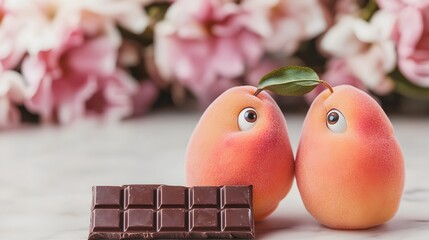 Cartoon Peach Savoring Delectable Chocolate Treat on Soft Background with Copy Space