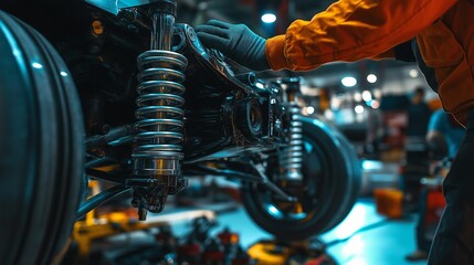 Engineer Tuning Car Suspension System, close up.