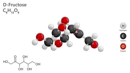 D-Fructose. Sweetener. Animated 3D model of a molecule. Molecular formula: C6H12O6. Chemical model: Ball and stick. White background. 3D rendering. Seamless loop