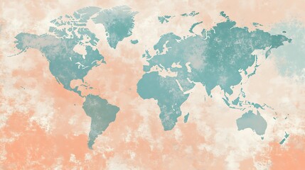  Watercolor World Map with a soft peach background.