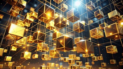 A mesmerizing array of glowing golden cubes suspended within a delicate network of shimmering lines, creating a captivating symphony of light and form.