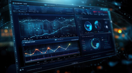 digital dashboard showing real time analytics with various graphs and data visualizations. interface displays trends and metrics, providing insights for decision making