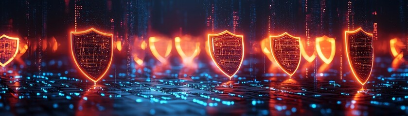Futuristic digital network with glowing shields symbolizing cybersecurity and protection against threats in a vibrant data landscape.