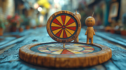 A handcrafted wooden target surrounded by miniature wooden figurines