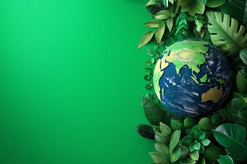 Circular illustration of Earth with green landscapes and oceans, showing ecosystem balance and global sustainability