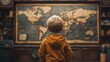 © reza - Child gazing at a vintage world map in a cozy room.