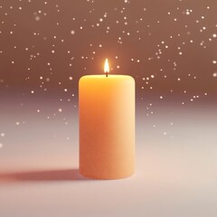 Wall Mural - A minimalist 3D candle icon, glowing softly against a snowy background. The candle is surrounded by gently falling snowflakes, creating a serene holiday ambiance